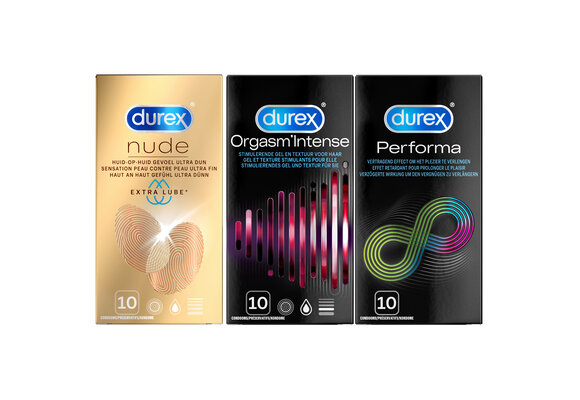Durex - 30 Condooms - Performa 10st - Nude Extra Lube 10st - Orgasm Intense 10st