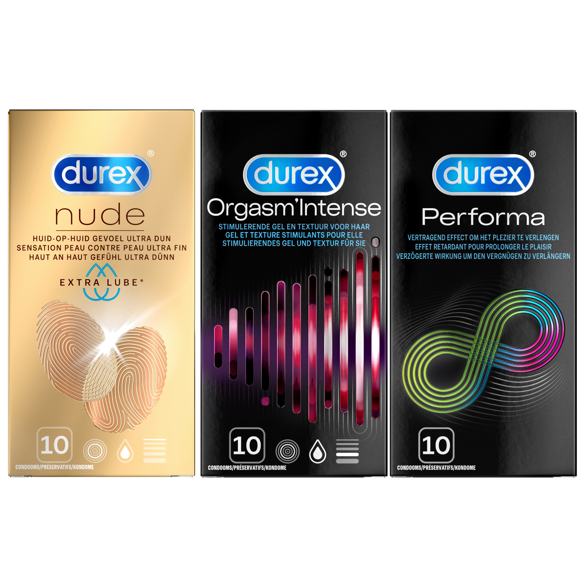 Durex - 30 Condooms - Performa 10st -  Nude Extra Lube 10st - Orgasm Intense 10st