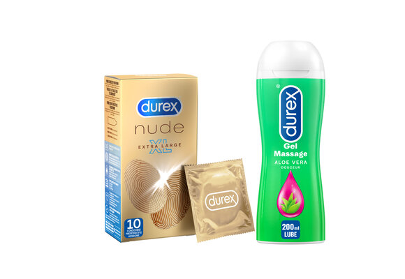 Durex - 10 stuks Condooms - Nude XL - 200 ml Glijmiddel - Play Massage 2/1 Aloe - Voordeelverpakking  