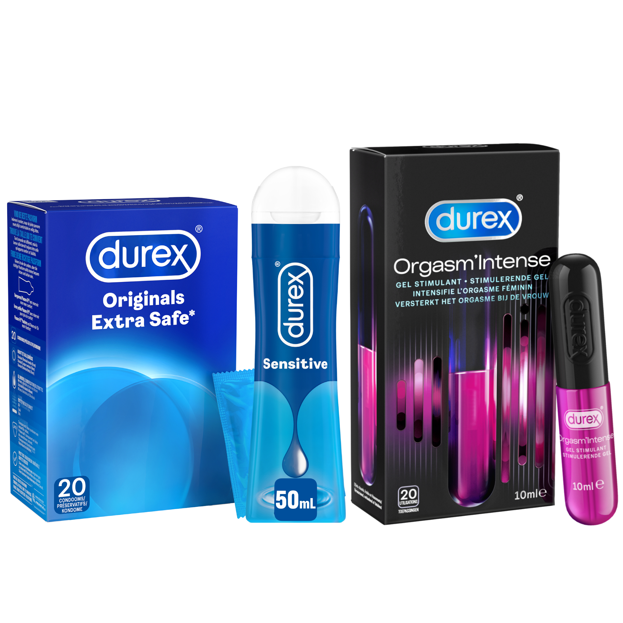 Durex - 20 stuks Condooms - Extra Safe - 60 ml Glijmiddel - Play Sensitive 50ml - Intense Orgasm 10ml - Voordeelverpakking