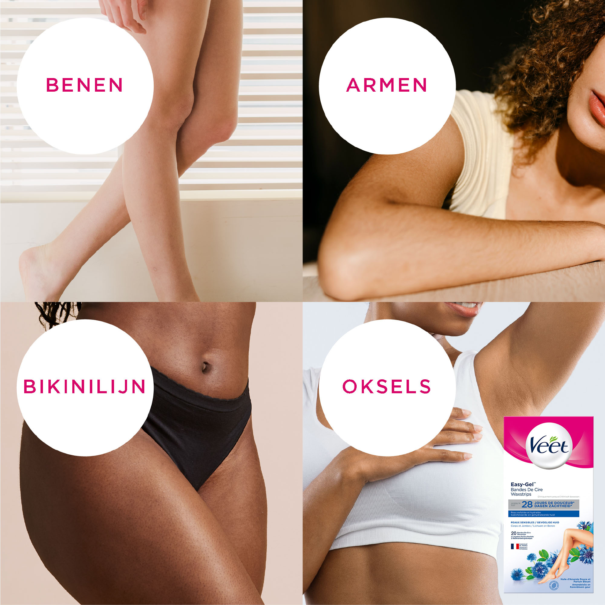 Veet - Expert - Gevoelige huid - Ontharingsstrips Benen (sensitive) 20st - Ontharingsstrips Bikini 16st - Ontharingsstrips Gezicht 20st