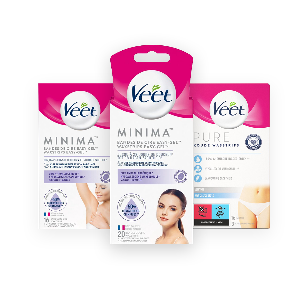 Veet - Pure - Ontharingstrips Oksels Hypoallergene  16 st - Ontharingstrips Bikini Hypoallergene  16 st - Ontharingstrips Gezicht Hypoallergene  20 st
