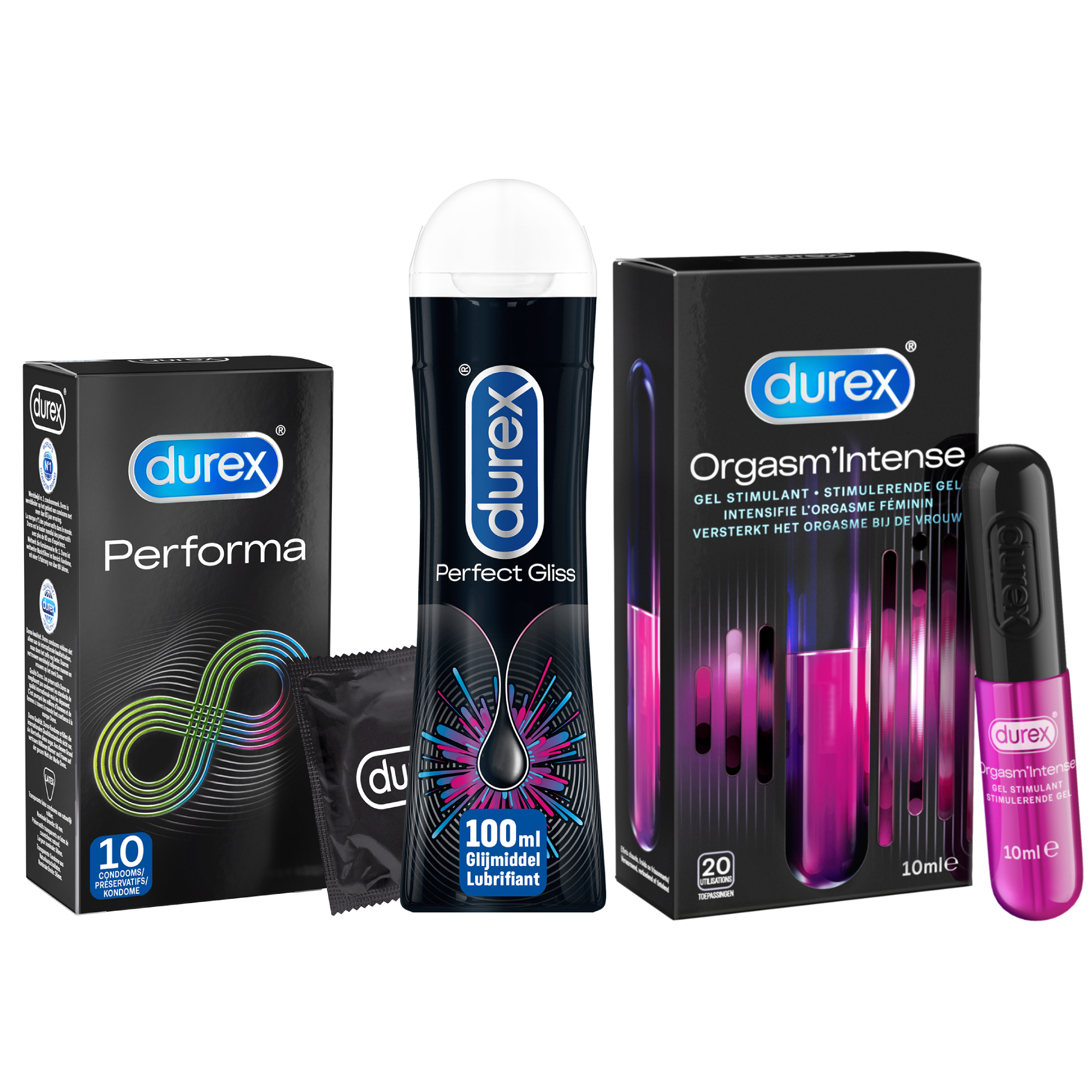 Durex - 10 stuks Condooms - Performa - 110 ml Glijmiddel - Intense Orgasm 10ml - Perfect Gliss 100ml - Voordeelverpakking