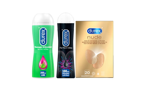 Durex - Nude Condooms 20 stuks - Anaal Perfect Gliss Glijmiddel 100ml - Massage Aloe Vera Glijmiddel 2/1 200ml