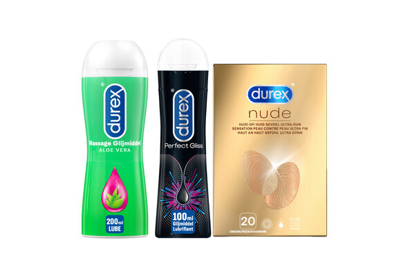 Durex - Nude Condooms 20 stuks - Anaal Perfect Gliss Glijmiddel 100ml - Massage Aloe Vera Glijmiddel 2/1 200ml