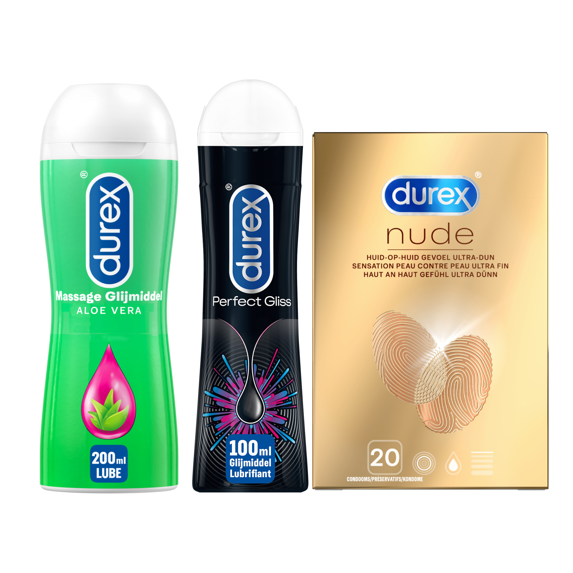 Durex - Nude Condooms 20 stuks - Anaal Perfect Gliss Glijmiddel 100ml - Massage Aloe Vera Glijmiddel 2/1 200ml