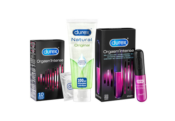 Durex - 10 stuks Condooms - Orgasm Intense - 110 ml Glijmiddel - Intense Orgasm 10ml - Naturel Gel 100ml - Voordeelverpakking