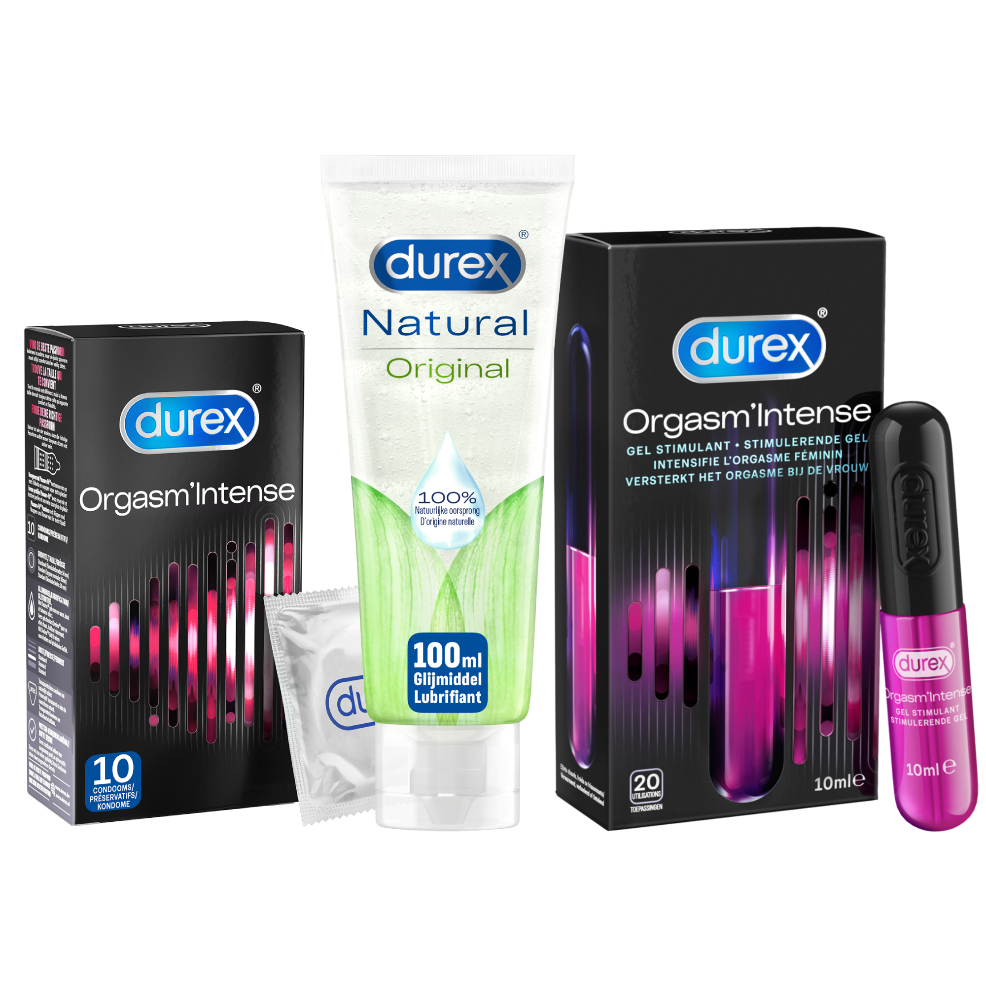 Durex - 10 stuks Condooms - Orgasm Intense - 110 ml Glijmiddel - Intense Orgasm 10ml - Naturel Gel 100ml - Voordeelverpakking