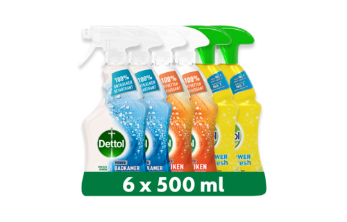 Dettol - 3L Allesreiniger Spray Power & Fresh - Badkamer 2x500ml - Keuken 2x500ml - Citrus 500ml - Voordeelverpakking