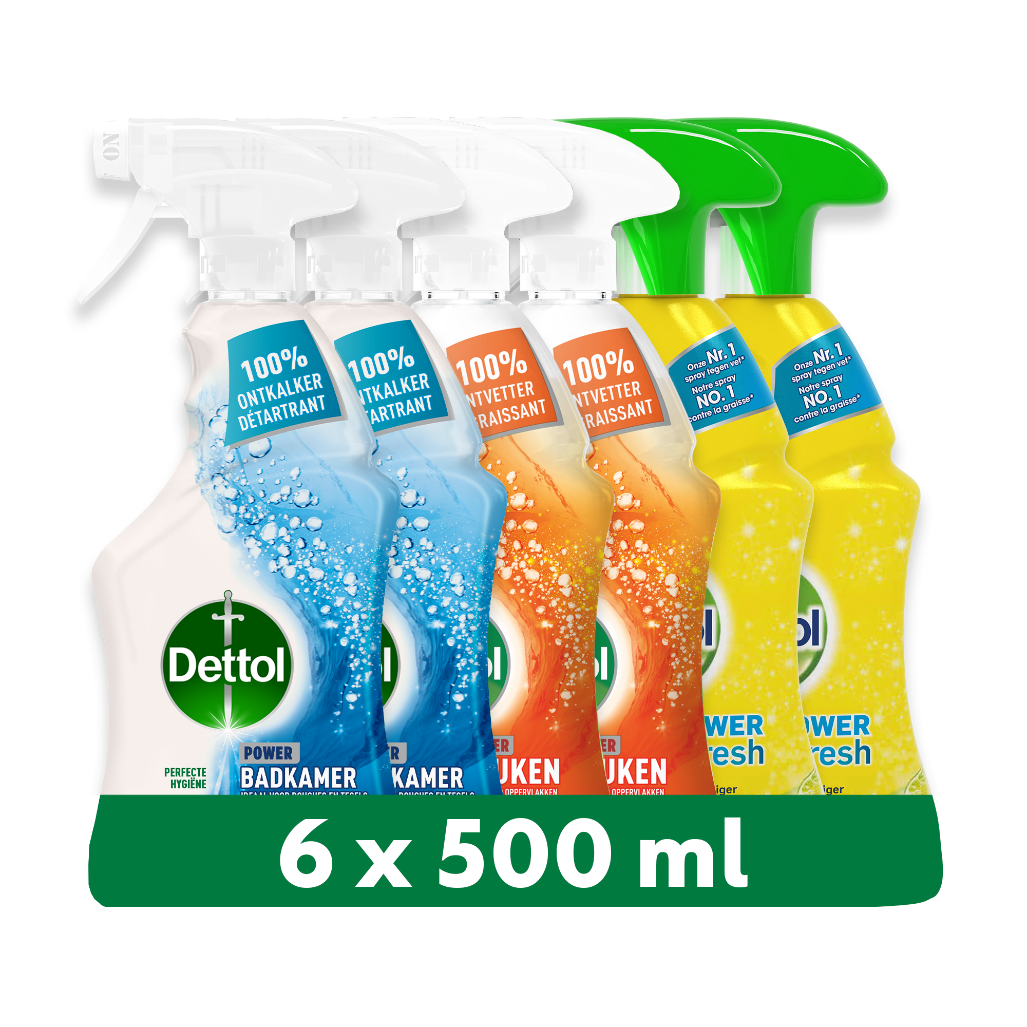 Dettol - 3L Allesreiniger Spray Power & Fresh - Badkamer 2x500ml - Keuken 2x500ml - Citrus 500ml - Voordeelverpakking