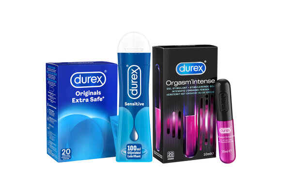 Durex - 20 stuks Condooms - Extra Safe - 110 ml Glijmiddel - Play Sensitive 100ml - Intense Orgasm 10ml - Voordeelverpakking