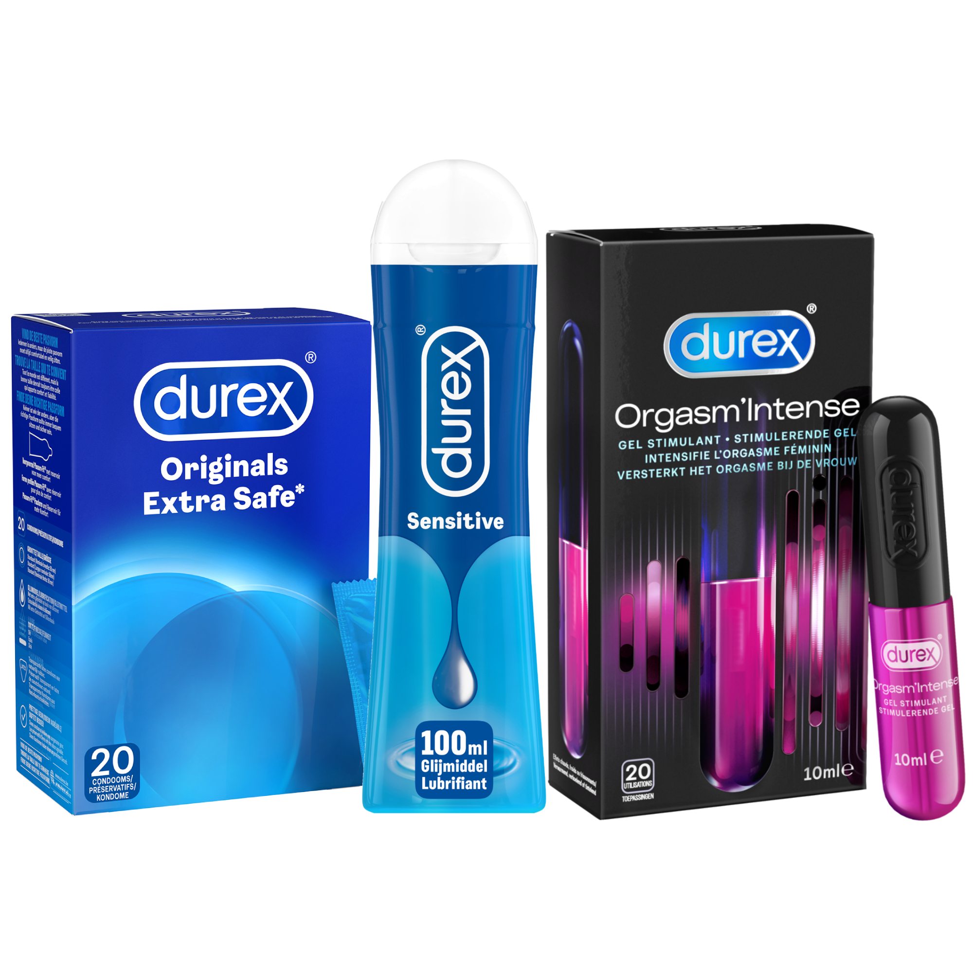 Durex - 20 stuks Condooms - Extra Safe - 110 ml Glijmiddel - Play Sensitive 100ml - Intense Orgasm 10ml - Voordeelverpakking