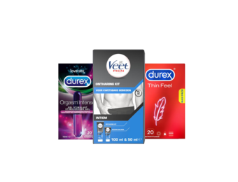 Veet Men x Durex - Ontharingskit voor Intieme Delen - 100ml Ontharingscrème + 50ml Aftercare balsem - Condooms - 20 stuks - Thin Feel - Glijmiddel - 10ML - Intense Orgasm - Voordeelverpakkin