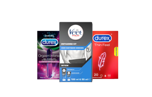 Veet Men x Durex - Ontharingskit voor Intieme Delen - 100ml Ontharingscrème + 50ml Aftercare balsem - Condooms - 20 stuks - Thin Feel - Glijmiddel - 10ML - Intense Orgasm - Voordeelverpakking