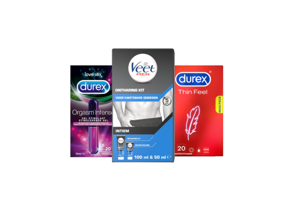 Veet Men x Durex - Ontharingskit voor Intieme Delen - 100ml Ontharingscrème + 50ml Aftercare balsem - Condooms - 20 stuks - Thin Feel - Glijmiddel - 10ML - Intense Orgasm - Voordeelverpakkin