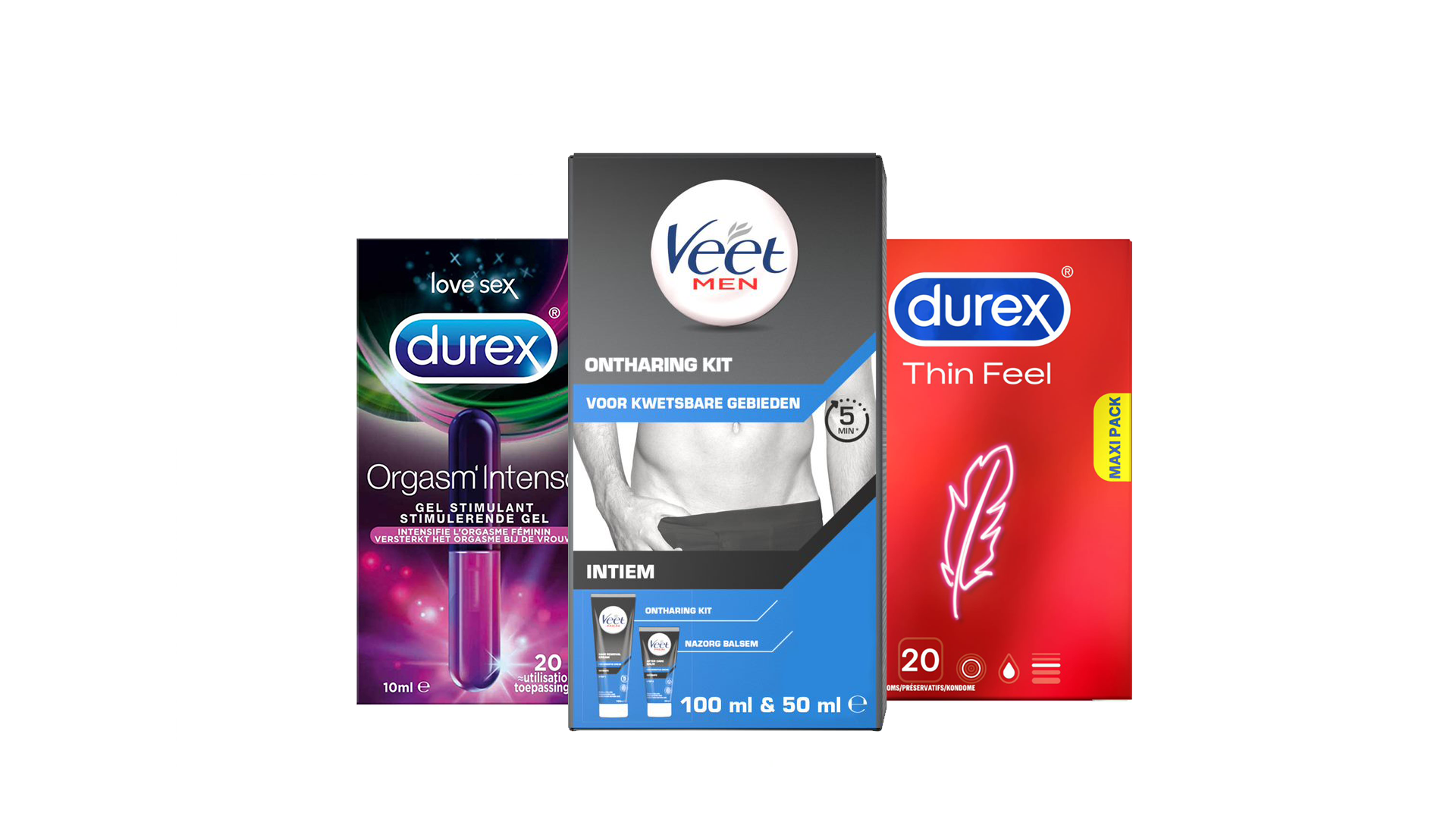 Veet Men x Durex - Ontharingskit voor Intieme Delen - 100ml Ontharingscrème + 50ml Aftercare balsem - Condooms - 20 stuks - Thin Feel - Glijmiddel - 10ML - Intense Orgasm - Voordeelverpakking