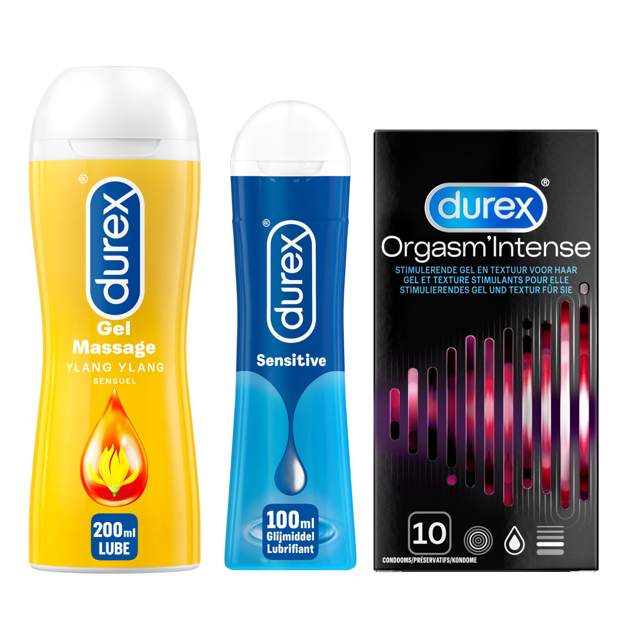 Durex - Play Massage 2/1 Sensitive 200ML - Sensitive Glijmiddel 100ML - Condooms Orgasm Intense Stimulerende Gel 10st