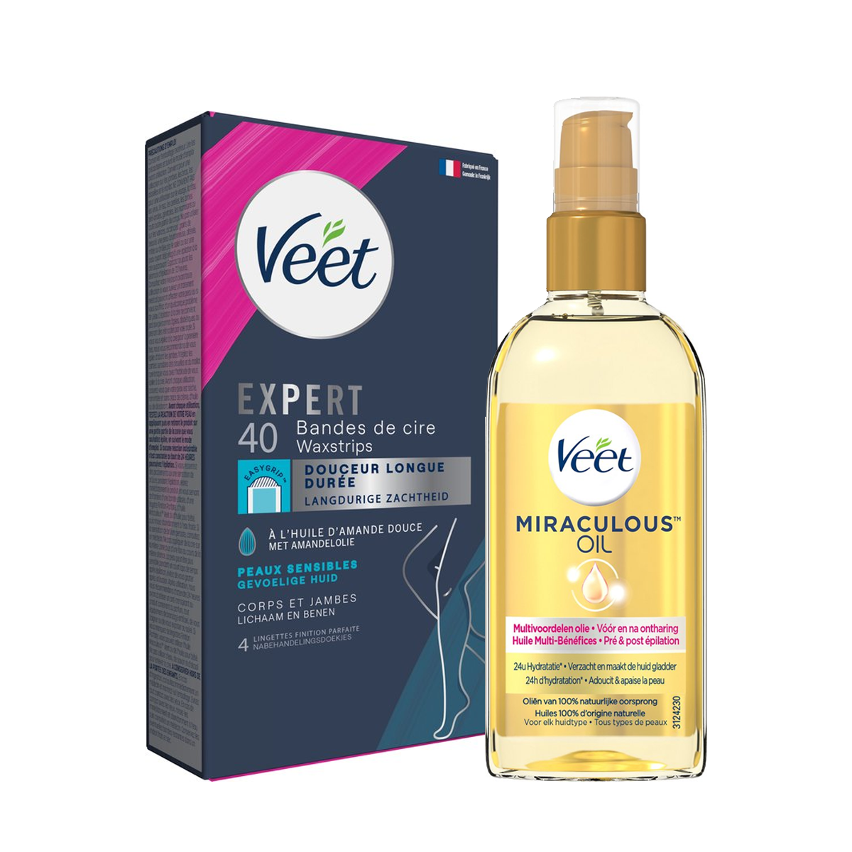 Veet - Gevoelige huid - Miraculous oil - Ontharingsstrips Benen (Sensitive) 40st