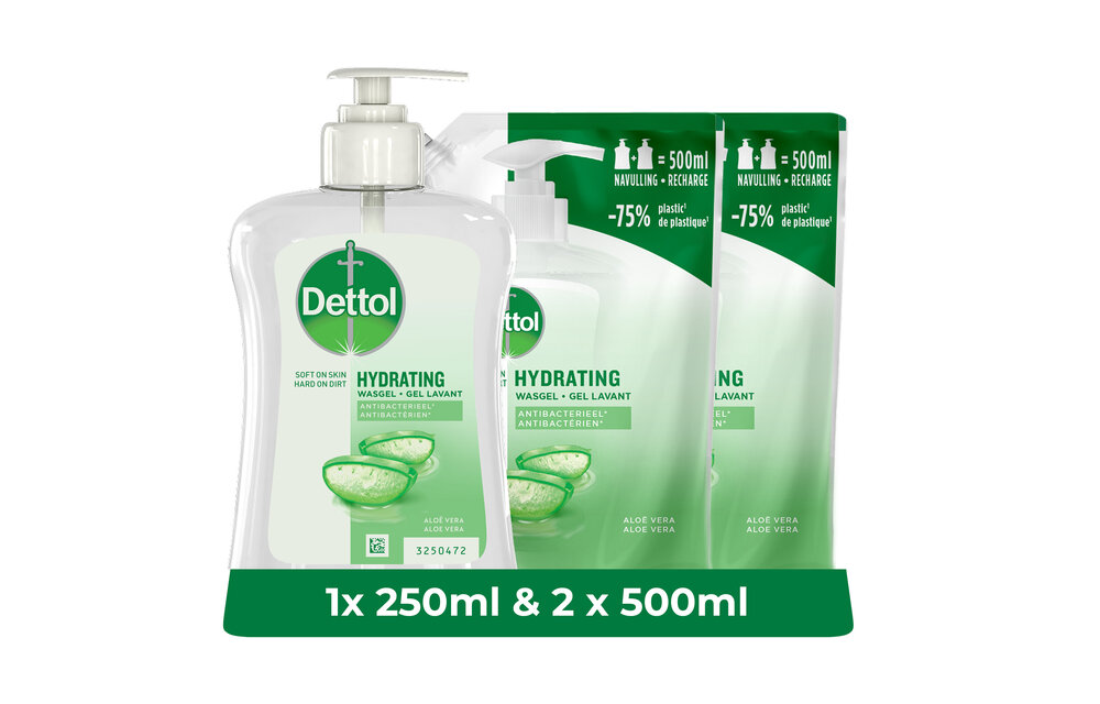 Dettol - 1x250ml Handzeep - Verzachtend - Aloe Vera 250ml - Navulling Aloe Vera 2x500ml