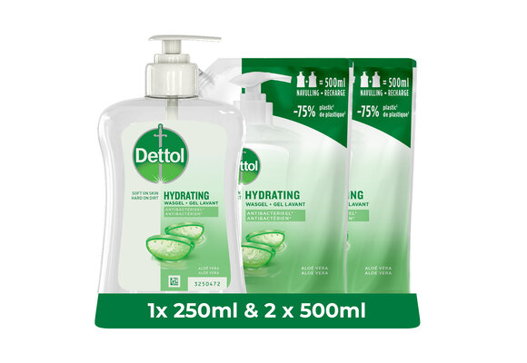 Dettol - 1x250ml Handzeep - Verzachtend - Aloe Vera 250ml - Navulling Aloe Vera 2x500ml