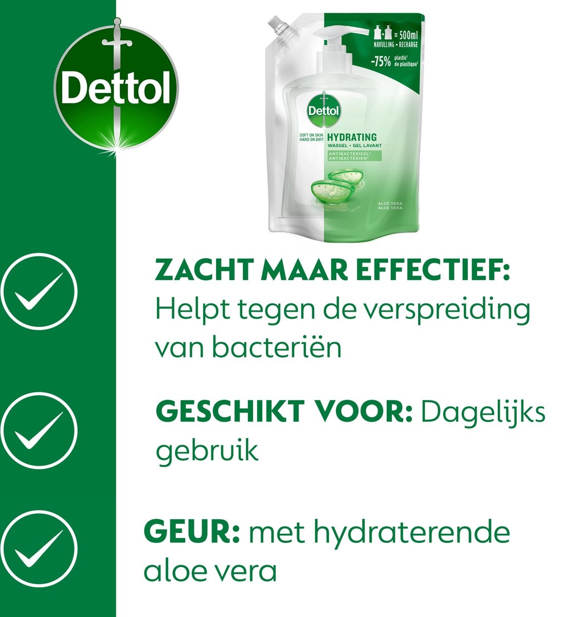 Dettol - 1x250ml Handzeep - Verzachtend - Aloe Vera 250ml - Navulling Aloe Vera 2x500ml