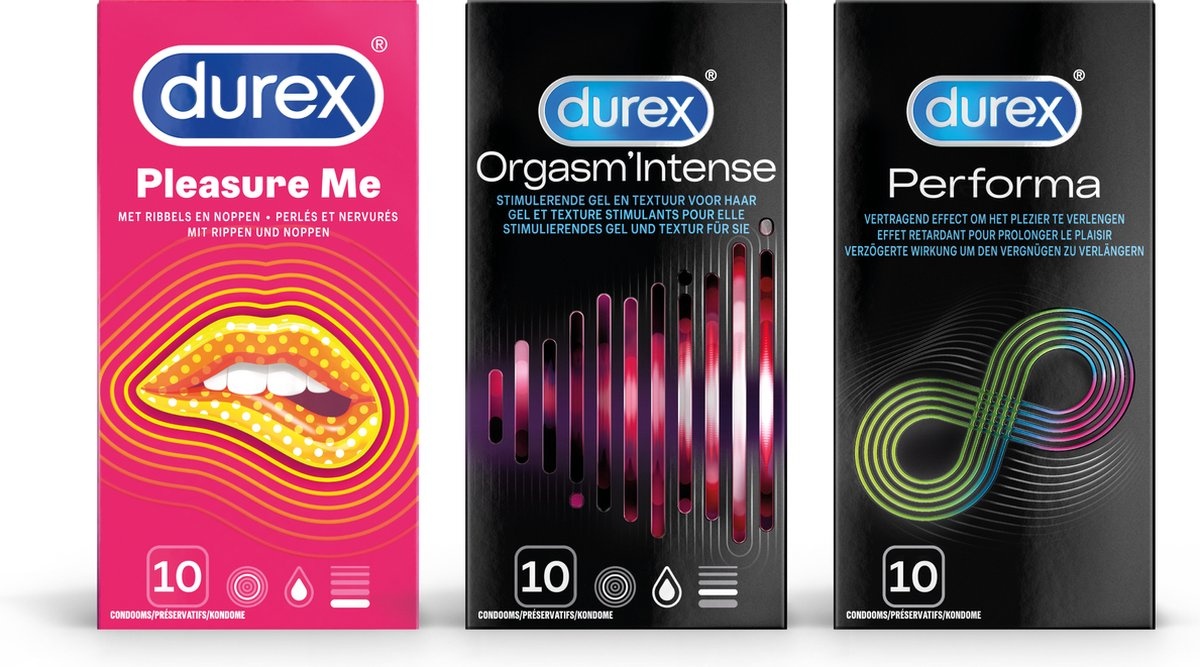 Durex - 30 stuks Condooms - Pleasure Me 1x10 stuks - Orgasm Intense 1x10 stuks - Performa 1x10 stuks - Voordeelverpakking