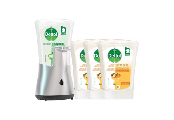 Dettol - Automatische Zeepdispenser No Touch & 3x250ml Handzeep No Touch Navulling - Aloe Vera, Sheabutter en Extra Care Honey & Sheabutter - Voordeelverpakking