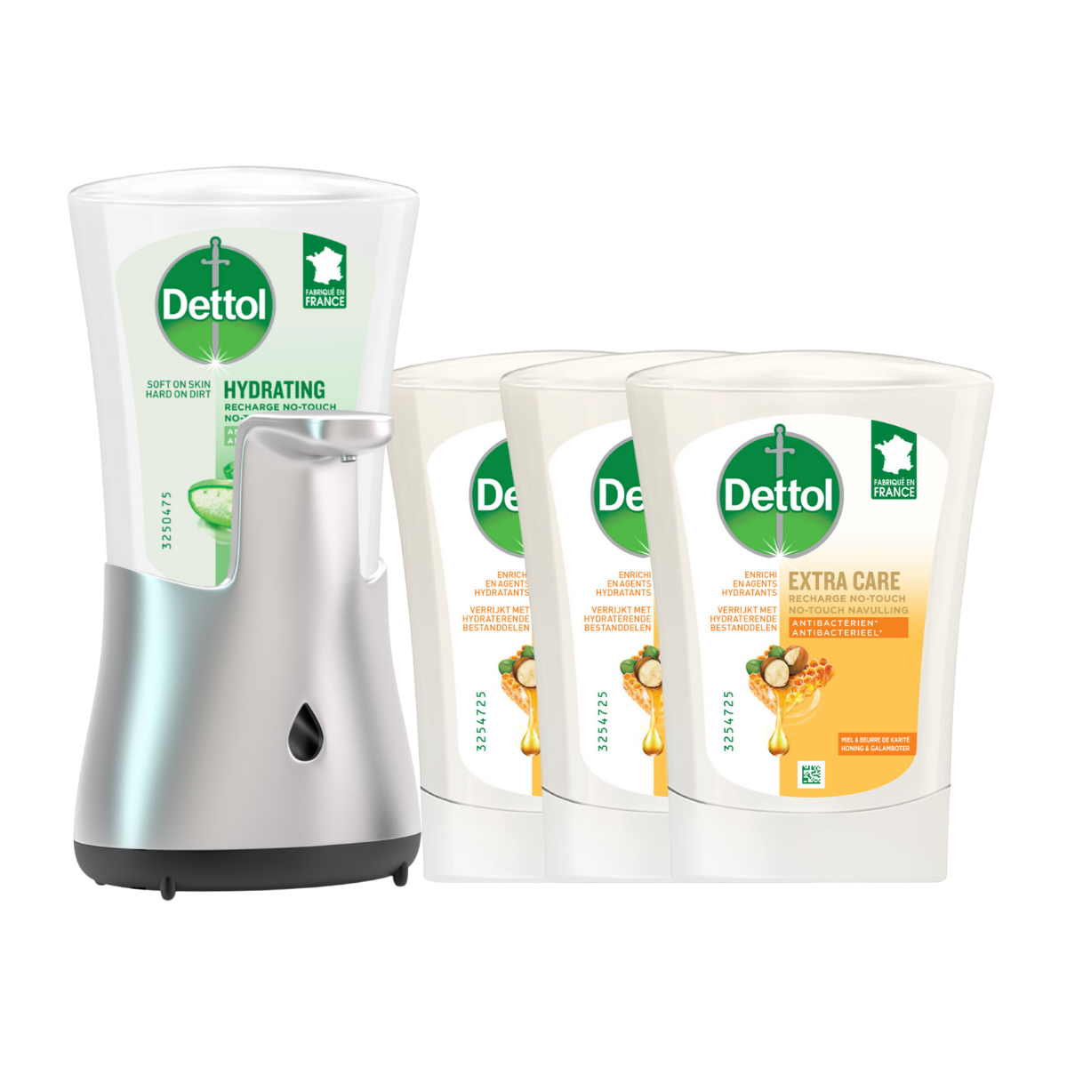Dettol - Automatische Zeepdispenser No Touch & 3x250ml Handzeep No Touch Navulling - Aloe Vera, Sheabutter en Blue Lotus