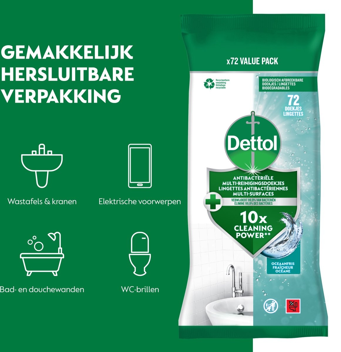 Dettol - 576 Schoonmaakdoekjes Power & Fresh - Oceaan 4x72 stuks - Citrus 4x72 stuks - Voordeelverpakking