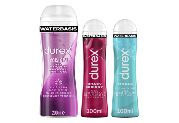 Durex Valentijn Cadeautje voor hem en haar - 3 Glijmiddelen - Crazy Cherry Glijmiddel 100ml - Massage Aloe Vera 2/1 200ml - Orgasm Intense Stimulerende Gel 10ml