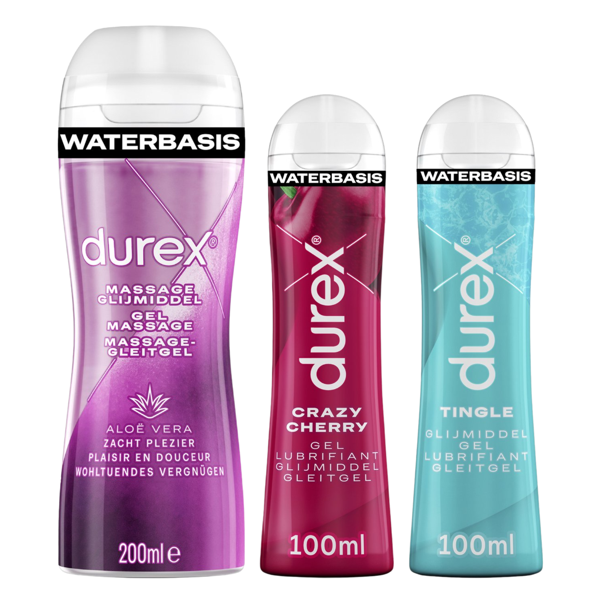 Durex Valentijn Cadeautje voor hem en haar - 3 Glijmiddelen - Crazy Cherry Glijmiddel 100ml - Massage Aloe Vera 2/1 200ml - Orgasm Intense Stimulerende Gel 10ml