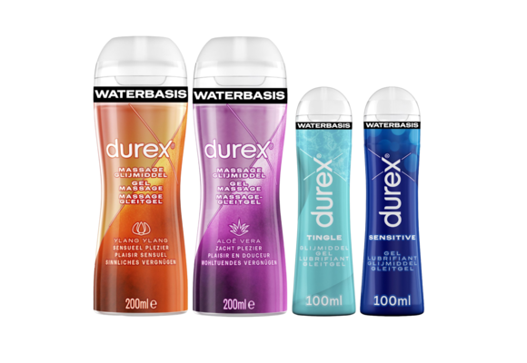 Durex - 3 Glijmiddelen en 1 Stimulerende gel - Voor Masturbation - Waterbasis – Massage 2in1 Ylang Ylang 200ml - Massage 2in1 Aloe Vera 200ml – Tingle 100ml - Orgasm Intense Stimulerende Glijmiddel 10ml - Voordeelverpakking