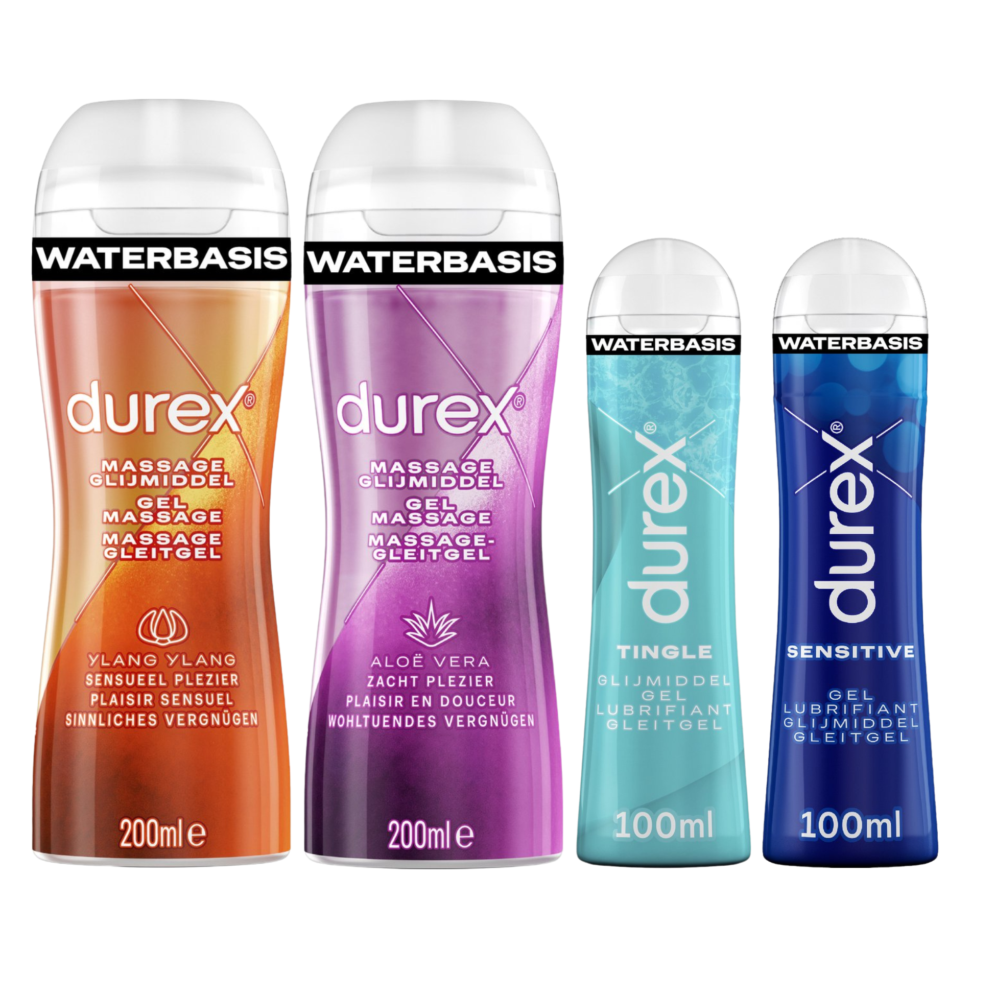 Durex - 3 Glijmiddelen en 1 Stimulerende gel - Voor Masturbation - Waterbasis – Massage 2in1 Ylang Ylang 200ml - Massage 2in1 Aloe Vera 200ml – Tingle 100ml - Orgasm Intense Stimulerende Glijmiddel 10ml - Voordeelverpakking