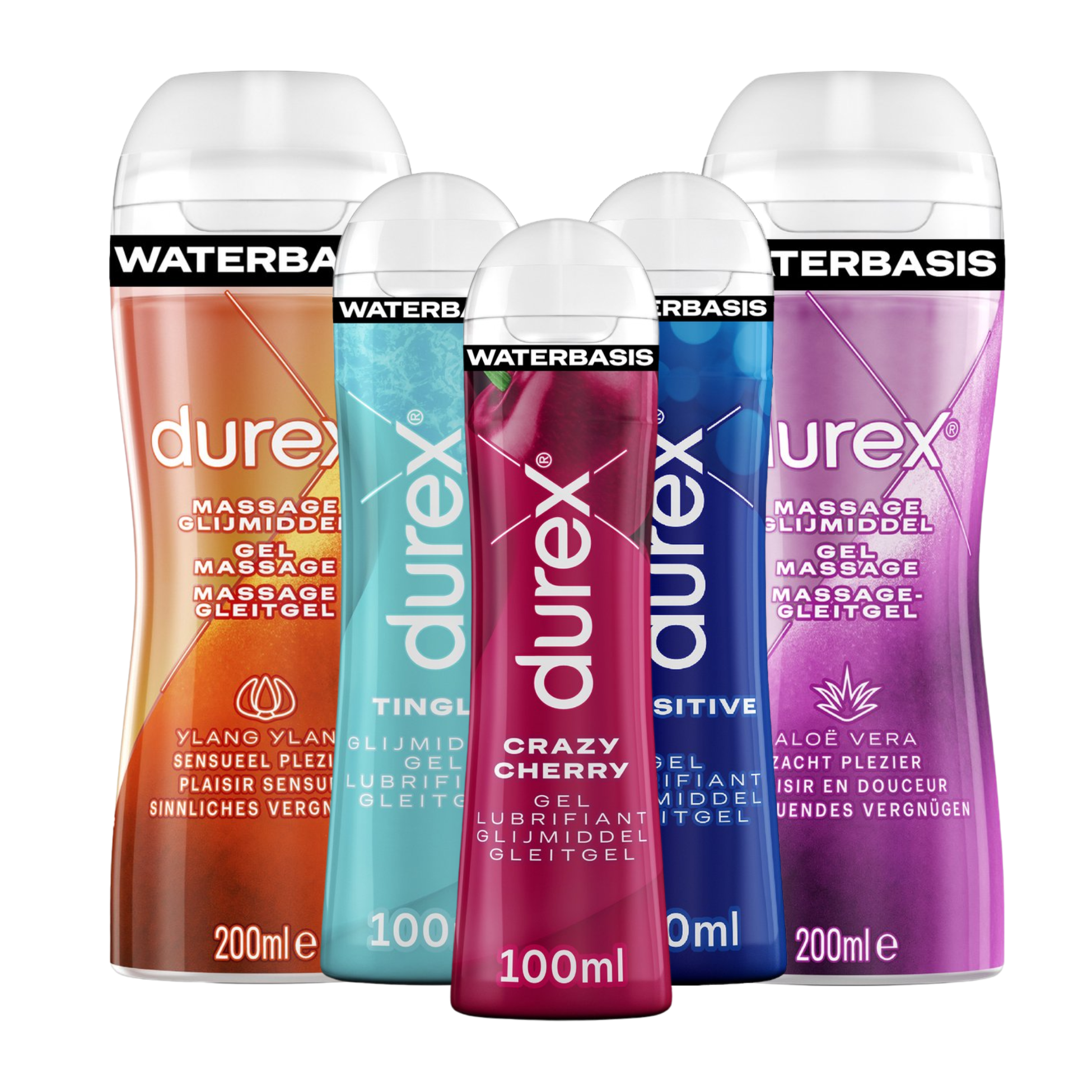 Durex - 4 Glijmiddelen en 1 Stimulerende gel - 2 in 1 Aloë Vera 200ml - 2 in 1 Sensitive - Play Tingle Gel 100ml - Crazy Cherry (Kers) 100ml - Orgasm Intense Stimulerende Gel 10ml - Voordeelverpakking