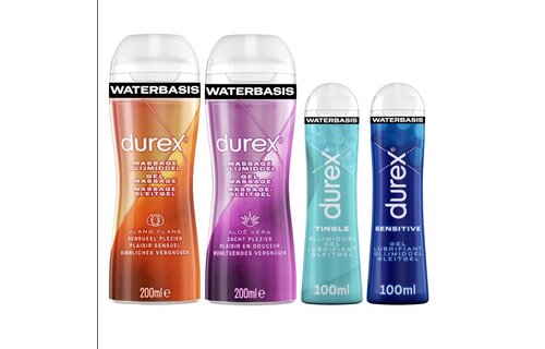 Durex - 3 Glijmiddelen en 1 Stimulerende gel - Voor Masturbation - Waterbasis – Massage 2in1 Ylang Ylang 200ml - Massage 2in1 Aloe Vera 200ml – Tingle 100ml - Orgasm Intense Stimulerende Glijmiddel 10ml - Voordeelverpakking