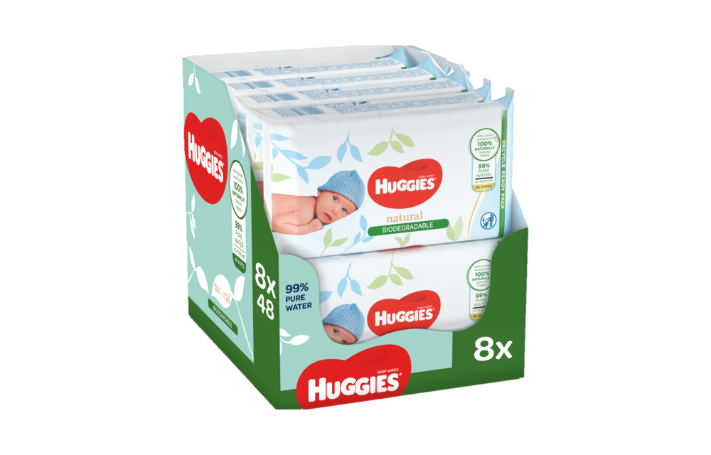 Huggies Natural Care Babydoekjes - biologisch afbreekbaar billendoekjes- Natural Biodegradable - 8 x 48 stuks