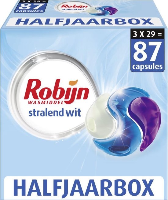 Robijn Stralend Wit 3 in 1 Wascapsules speciaal voor de witte was - 3 x 29 wasbeurten halfjaarbox