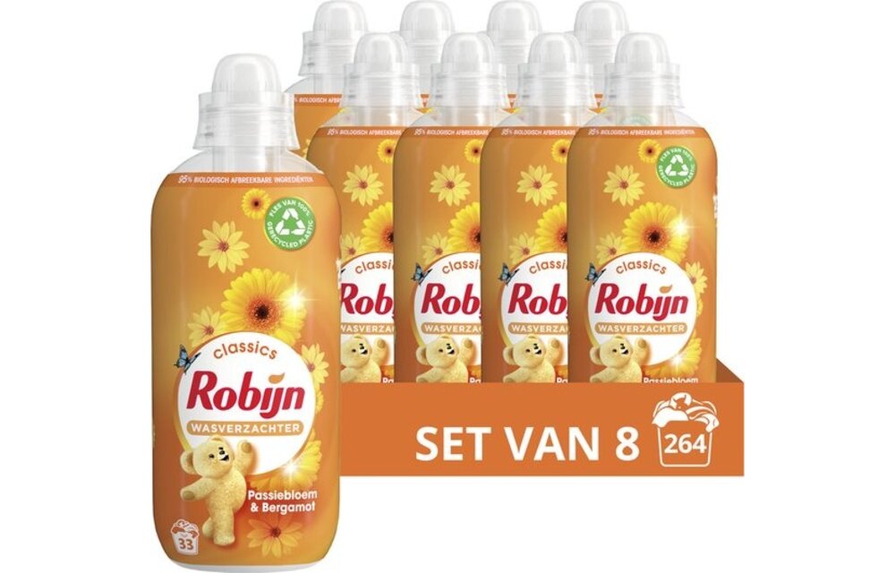 Robijn Classics Wasverzachter - Passiebloem & Bergamot - bevat 95% biologisch afbreekbare ingrediënten - 8 x 33 wasbeurten