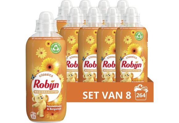 Robijn Classics Wasverzachter - Passiebloem & Bergamot - bevat 95% biologisch afbreekbare ingrediënten - 8 x 33 wasbeurten