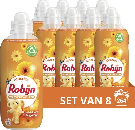 Robijn Classics Wasverzachter - Passiebloem & Bergamot - bevat 95% biologisch afbreekbare ingrediënten - 8 x 33 wasbeurten