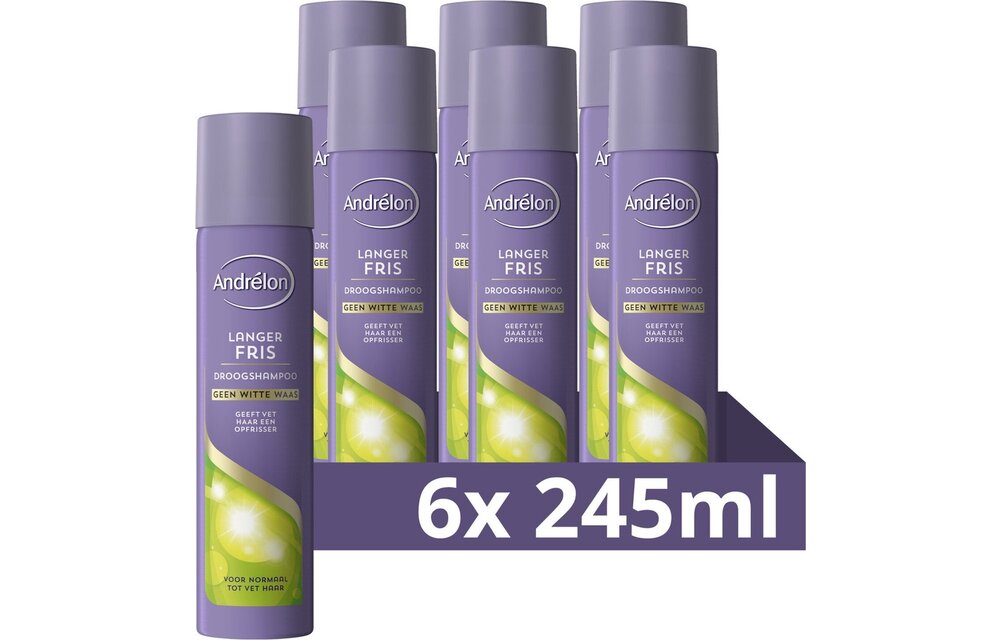 Andrélon Droogshampoo - Langer Fris - verrijkt met tapiocazetmeel en organic green tea - 6 x 245 ml