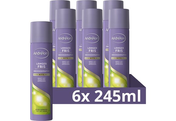Andrélon Droogshampoo - Langer Fris - verrijkt met tapiocazetmeel en organic green tea - 6 x 245 ml