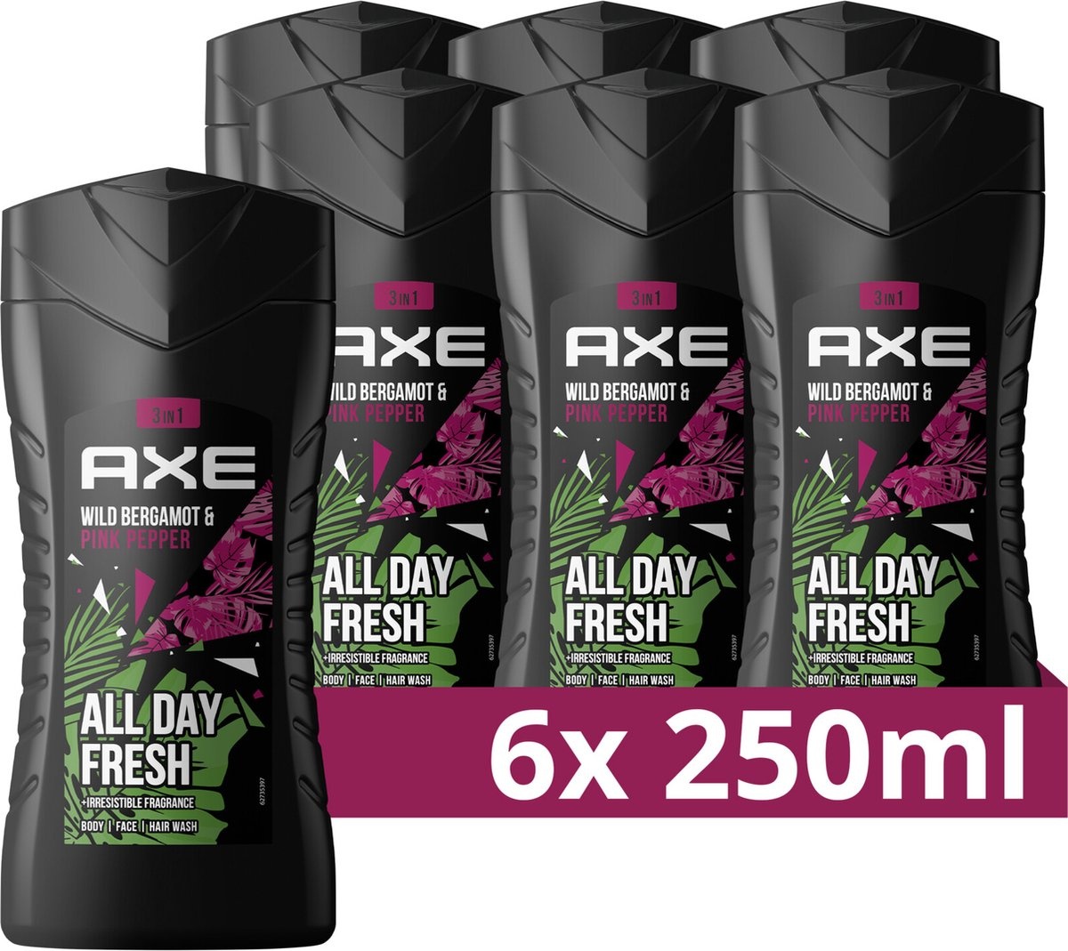 AXE 3-in-1 Douchegel - Wild Bergamot & Pink Pepper - 6 x 250 ml - Voordeelverpakking