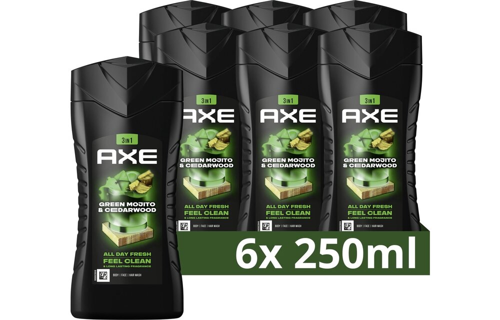 AXE Wild 3-in-1 Douchegel - Green Mojito & Cedarwood - 6 x 250 ml - Voordeelverpakking