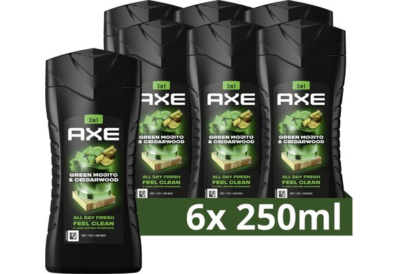 AXE Wild 3-in-1 Douchegel - Green Mojito & Cedarwood - 6 x 250 ml - Voordeelverpakking