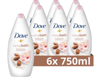 Dove Caring Bath Badcrème - Amandelmelk & Hibiscus - verrijkt met 1/4 hydraterende crème - 6 x 750 ml