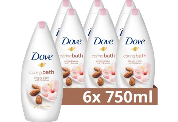 Dove Caring Bath Badcrème - Amandelmelk & Hibiscus - verrijkt met 1/4 hydraterende crème - 6 x 750 ml