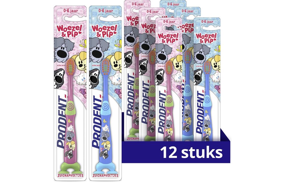 Prodent Woezel & Pip Tandenborstel - 0-6 jaar - een baby- en peutertandenborstel met zuignapvoetjes - 12 stuks