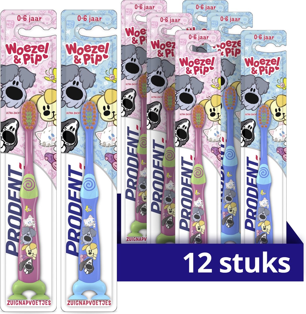 Prodent Woezel & Pip Tandenborstel - 0-6 jaar - een baby- en peutertandenborstel met zuignapvoetjes - 12 stuks