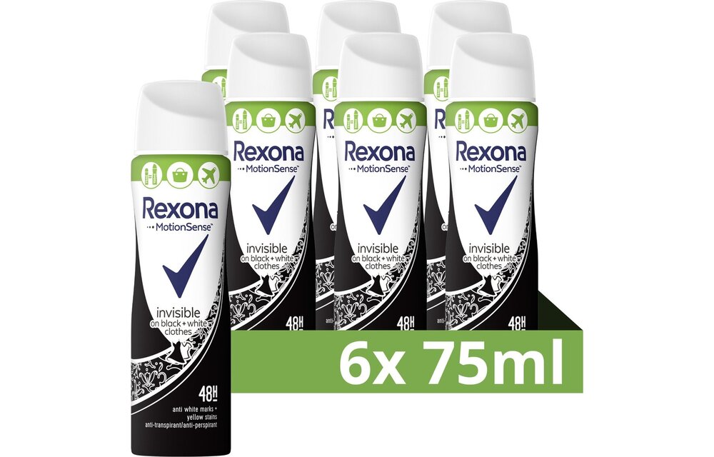 Rexona MotionSense Compressed Anti-Transpirant Spray - Invisible - helpt tegen witte strepen, met MotionSense Technologie - 6 x 75 ml